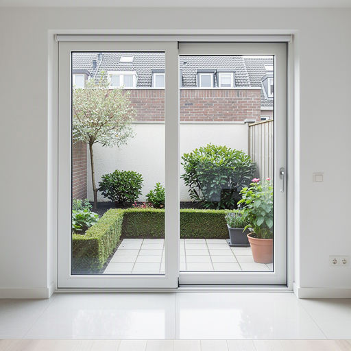 Antraciet kunststof schuifpui met toegang tot een tuin