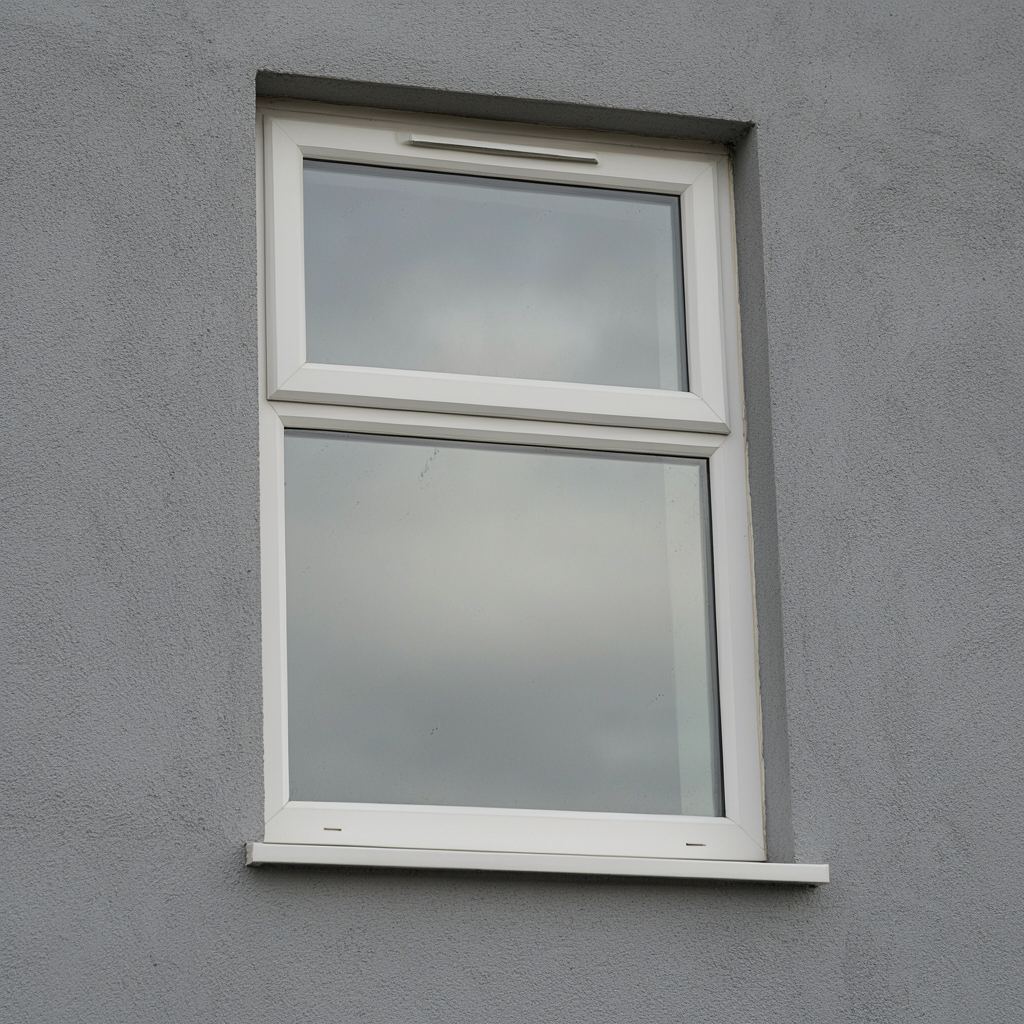 Close-up van een vast wit kunststof raampaneel met zichtbare isolatieglas afstandhouder