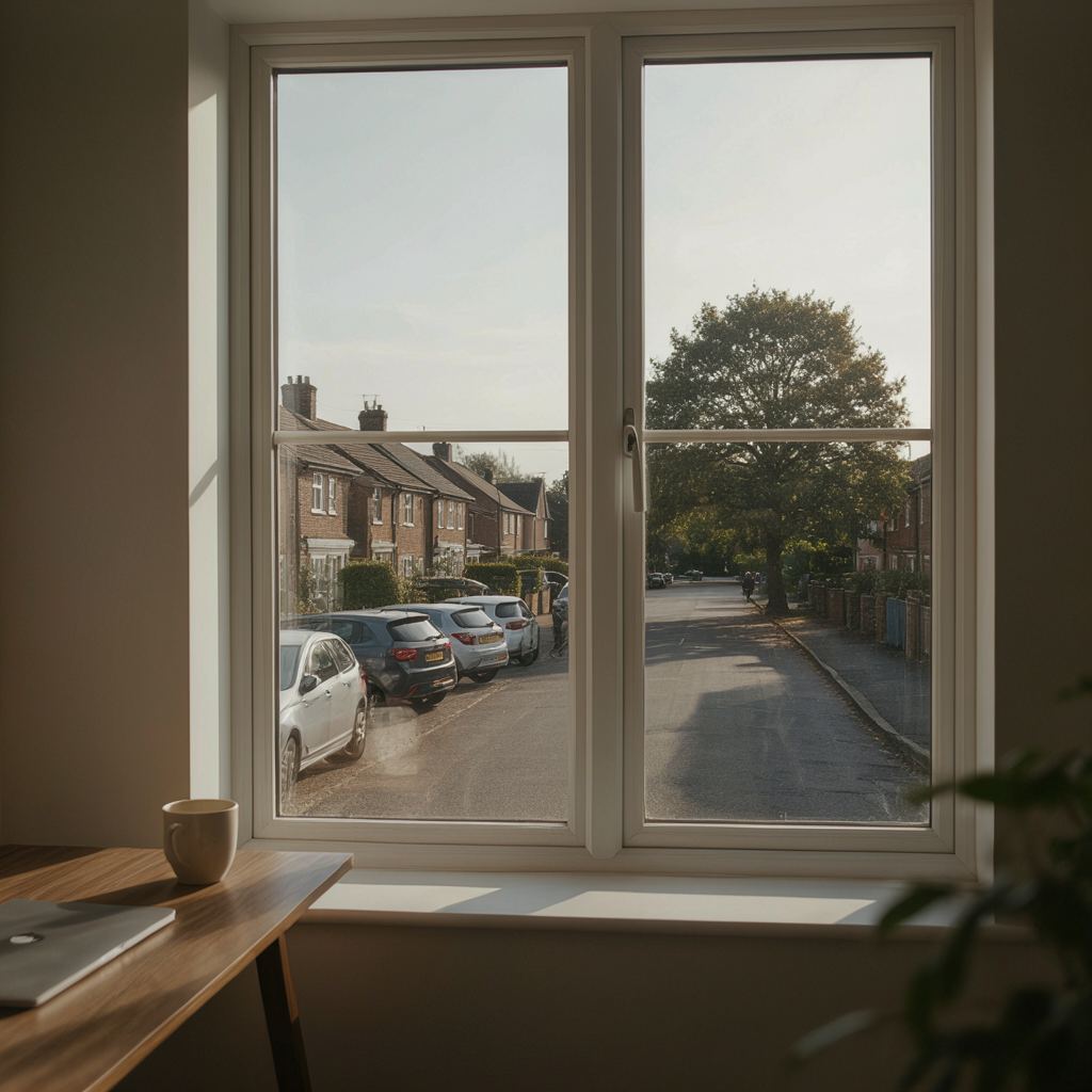 Werkkamer aan huis met daglicht via een groot kunststof raam met zicht op een lommerrijke laan in Zevenhuizen