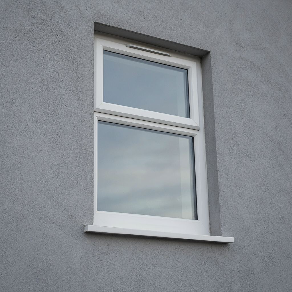 Close-up van een vast wit kunststof raampaneel met zichtbare isolatieglas afstandhouder