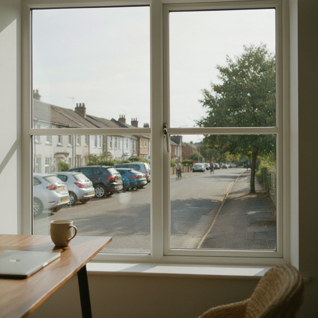 Thuiskantoor met uitzicht door een groot kunststof raam op een woonstraat in Rotterdam