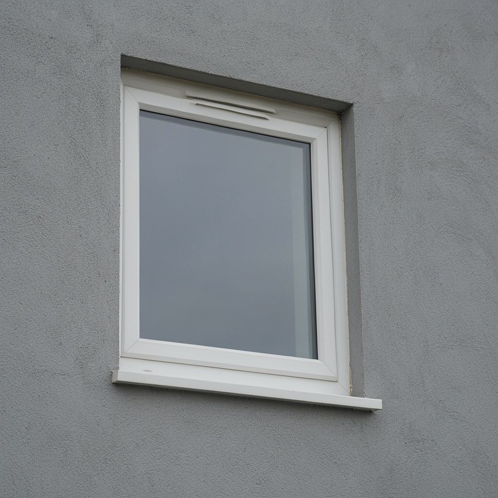 Detailopname van een kunststof raamkozijn met draai-kiep functie en geïntegreerde ventilatierooster