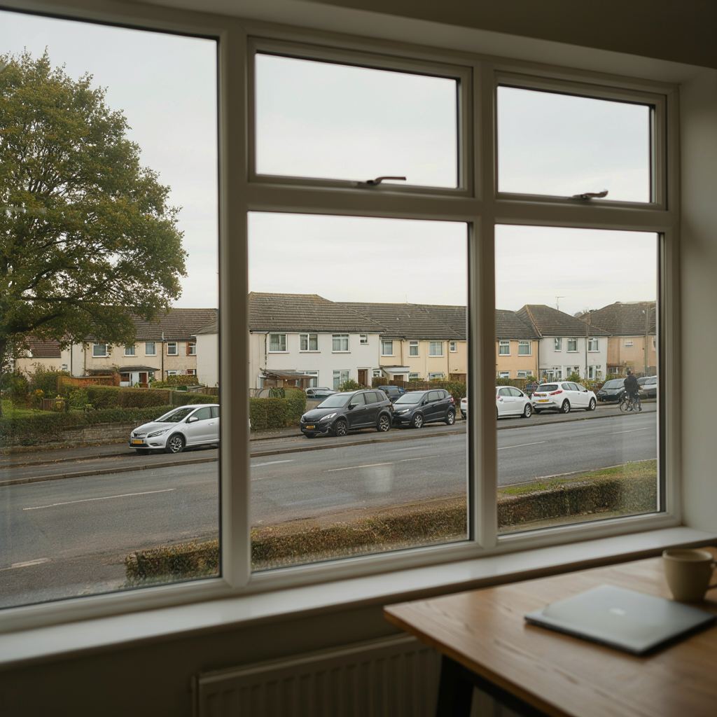 Thuiskantoor met uitzicht door een groot kunststof raam op een woonstraat in Nieuwerkerk aan den IJssel