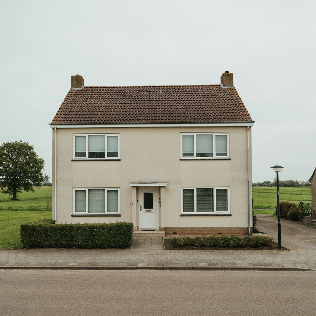 Jaren-dertig woning in Moerkapelle voorzien van hagelwitte kunststof kozijnen met traditioneel roedenpatroon en uitzicht op grasland