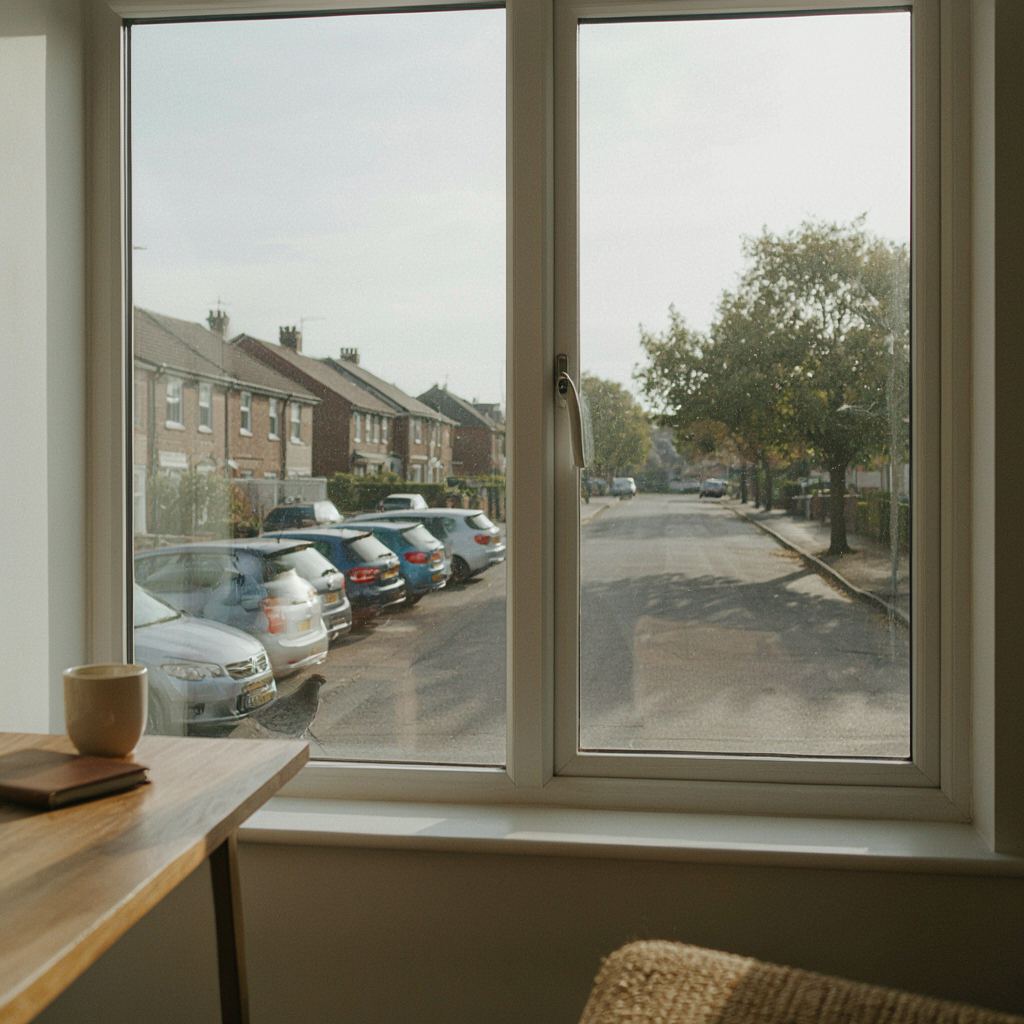 Licht woonkamerinterieur met grote kunststof tuindeuren met zicht op de Stolwijkse achtertuin