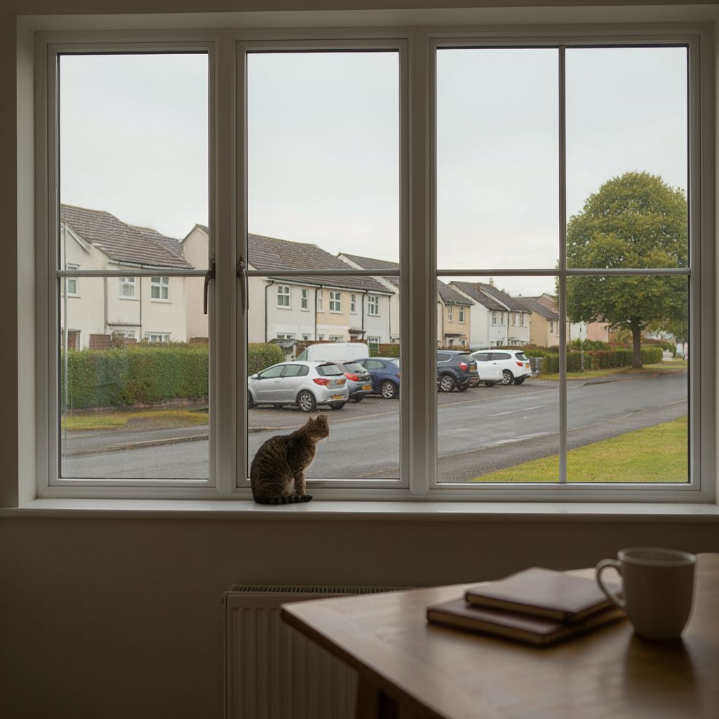 Thuiskantoor met uitzicht door een groot kunststof raam op een straat in Bergambacht