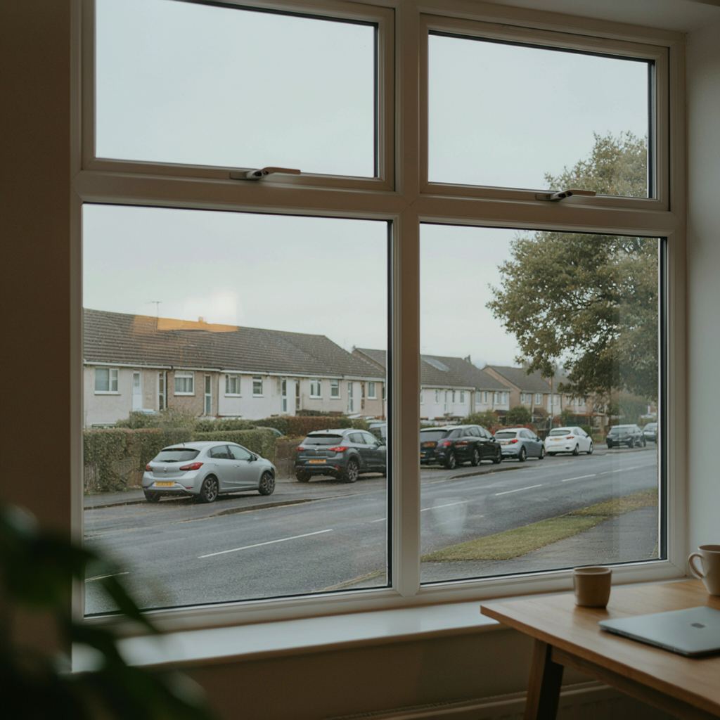 Woonkamer met uitzicht door een groot kunststof raam op een woonstraat in Barendrecht