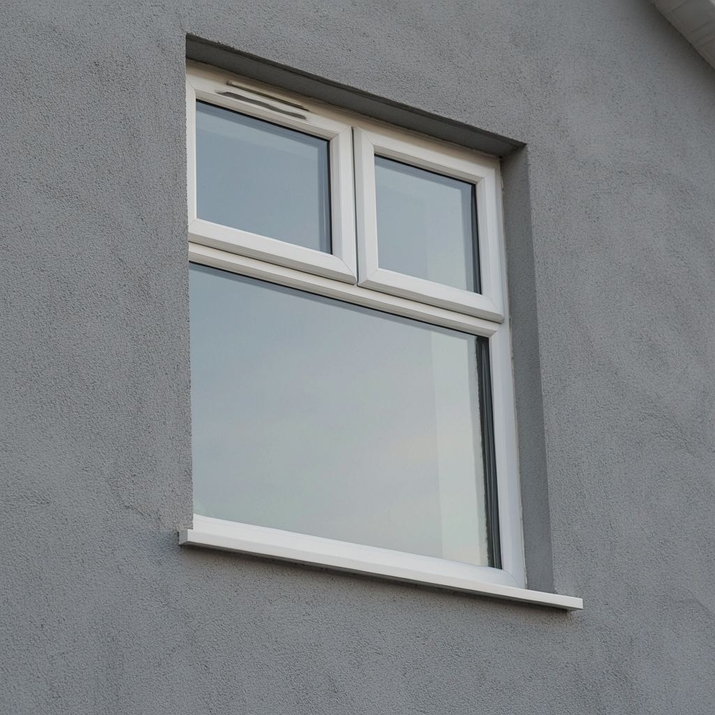 Close-up van een vast wit kunststof raam met zichtbare isolatieglas afstandhouder