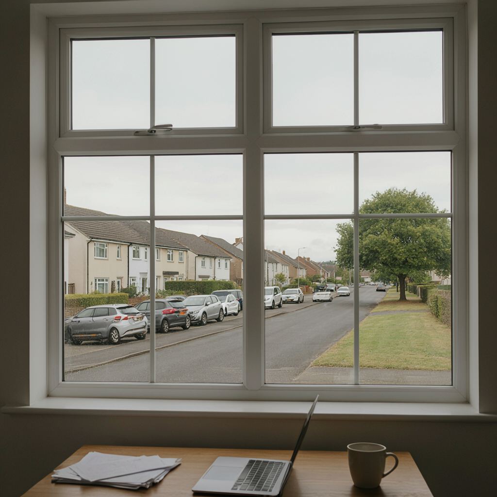 Thuiskantoor aan huis met uitzicht door een groot kunststof raam op een groene woonstraat in Waddinxveen