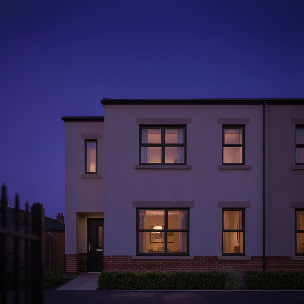 Moderne twee-onder-een-kapwoning in Reeuwijk met strak antracietkleurig kunststof kozijnwerk en een opvallend groot raam