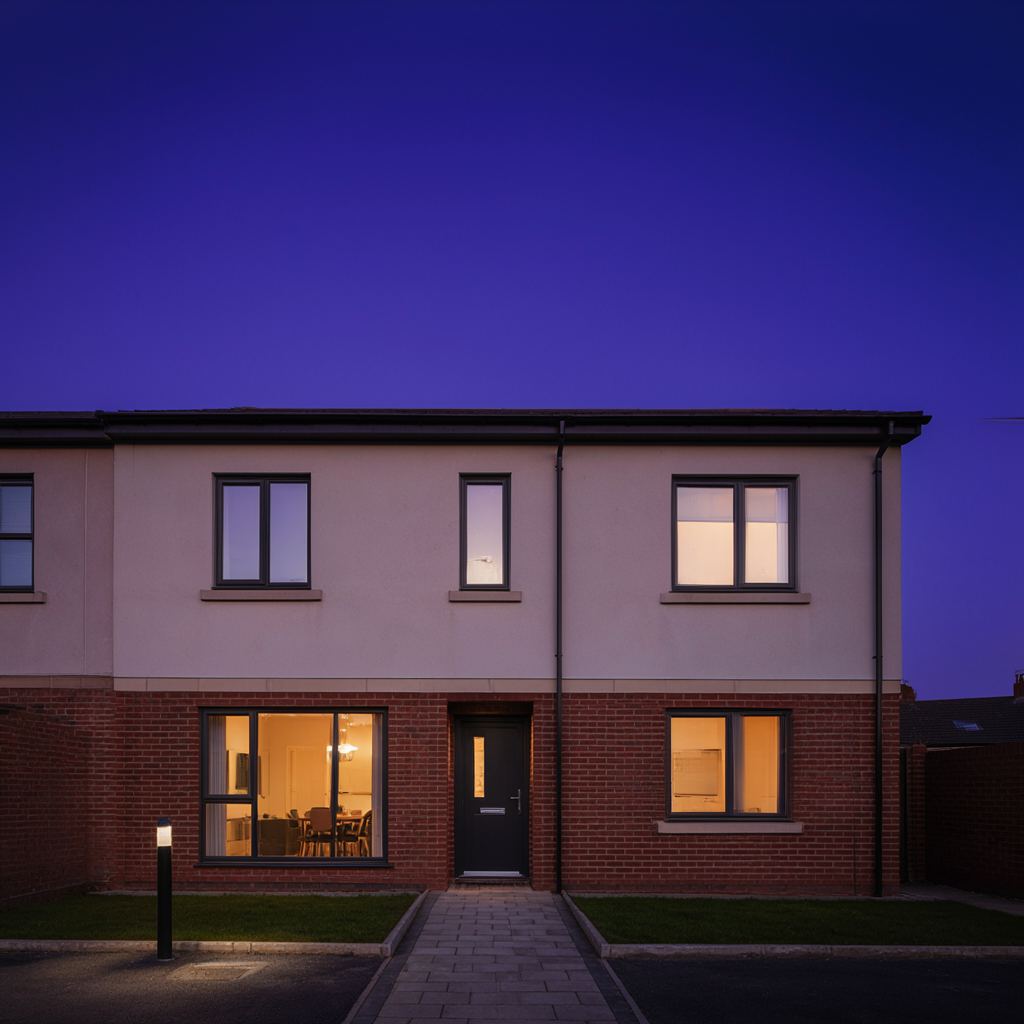 Half vrijstaande nieuwbouwwoning met donkergrijze antracietkleurige kunststof kozijnpartijen en een prominente gevelpui aan de rand van het dorp