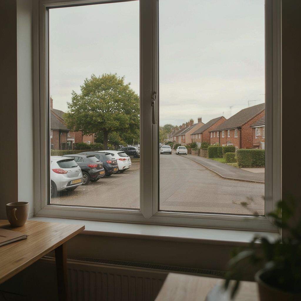 Thuiskantoor met uitzicht door een groot kunststof raam op een woonstraat in Nieuwerkerk aan den IJssel
