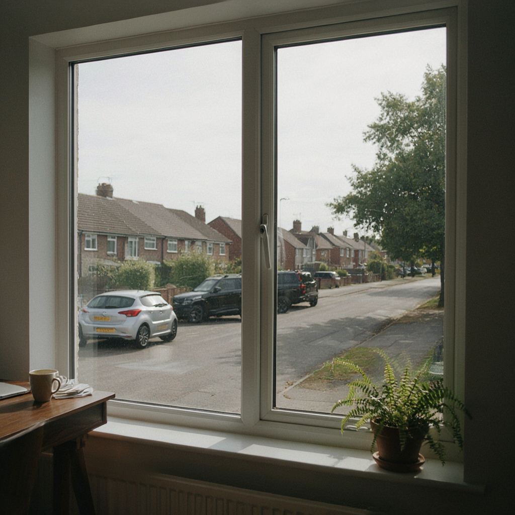 Werkkamer aan huis met een groot raam in Bleiswijk, uitzicht op een rustige nieuwbouwwijk