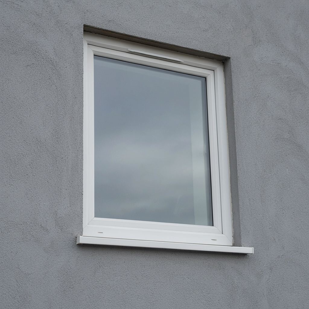 Detailopname van een vast wit kunststof raampaneel met helder zichtbare isolatieglas afstandhouder