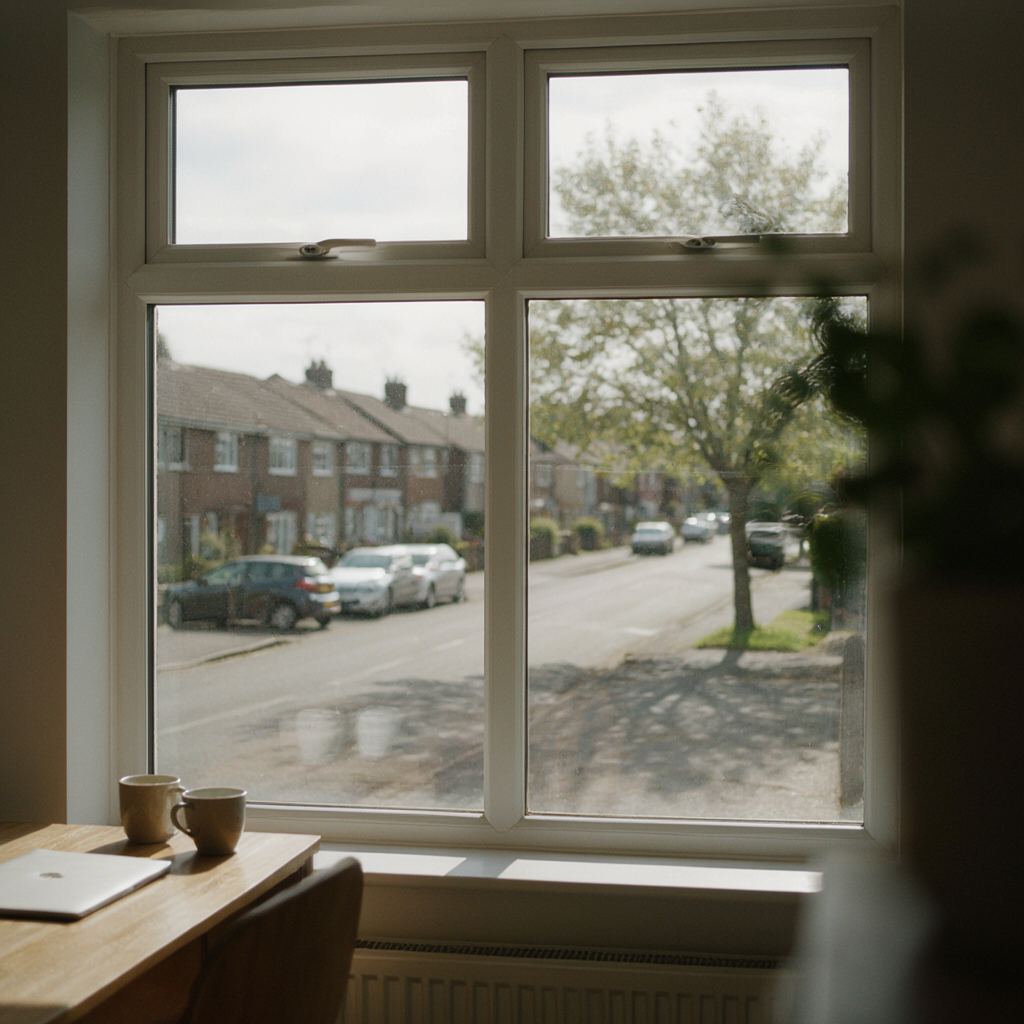 Eetkamer met uitzicht op een kindvriendelijke achtertuin door een groot kunststof schuifdeurkozijn